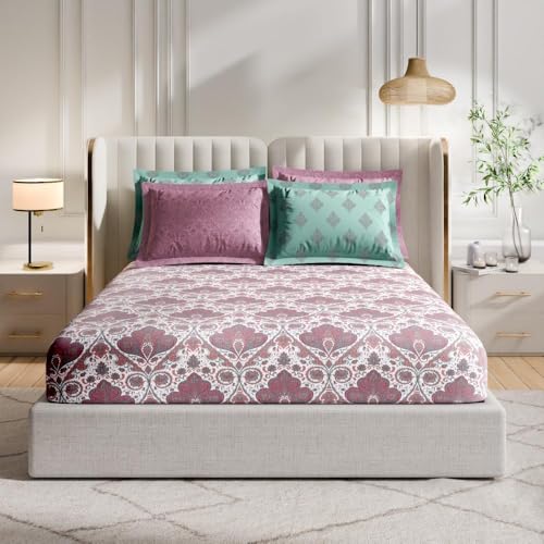 Image of Wakefit Cotton Fitted Bedsheet | 300 TC Elastic Fitted Sheet, Queen Bed Bedsheet with 2 Pillow Covers | Scarlet - 75x60 inches