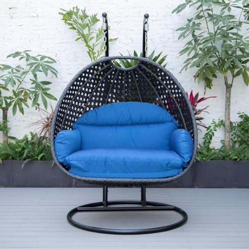 Image of Double Seater Hammock Swing Chair with Stand & Cushion | Heavy Duty Powder Coated Steel Frame | Outdoor Indoor Hanging Swing for Patio Balcony Garden Terrace Living Room (Grey-Sky.Blue)