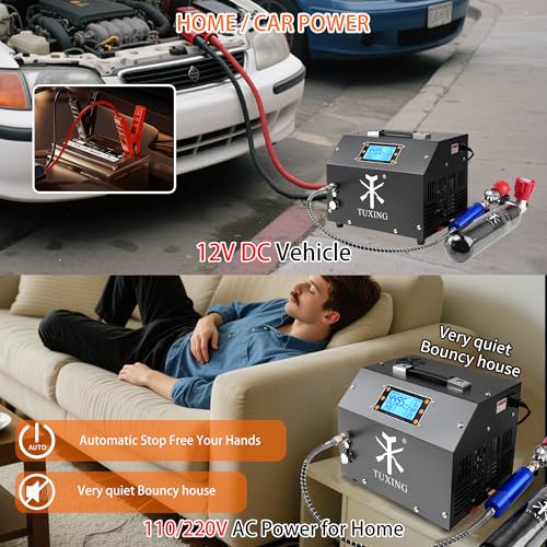 Kompresor powietrza TUXING 4500 Psi PCP, wersja z wyświetlaczem LCD, automatyczne zatrzymanie, bezolejowy/bezwodny, wbudowany transformator/pompa spustowa do karabinów pneumatycznych PCP i wiatrówek
