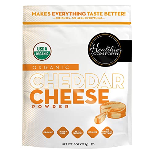 Healthier Comforts Organic Cheddar Cheese Powder | Gluten Free, Kosher, Keto-Friendly, Non-GMO, Antibiotic & Hormone Free | Perfect for Popcorn Seasoning, Mac and Cheese, Pasta & Sauces (8 oz)