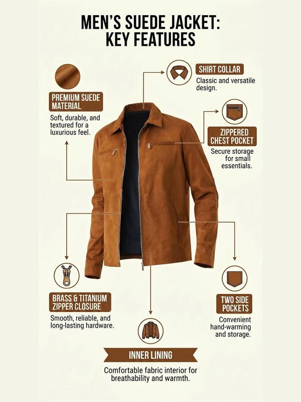 Buy Leather Retail Men's Brown Suede Casual Jacket - Image 4