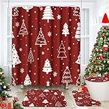 ArtSocket Merry Christmas Bathroom Set with Shower Curtain and Rugs Accessories, Christmas Trees Red Xmas Snowflakes Shower Curtain, Winter Bathroom Decor 4 Pcs