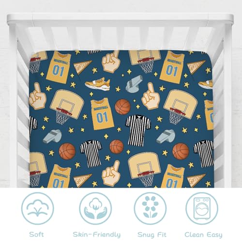 Image of Fun Basketball Baby Crib Sheet 52''x28'' Sports Snug Fitted Mattress Cover for Boy Girl Basketball Balls Hoop Uniform Soft Nursery Baby Sheets