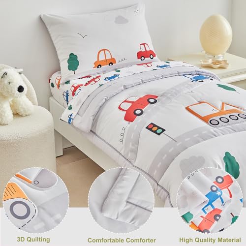 Image of DuShow 4 Pieces Cars Toddler Bedding Set for Boys,Soft Toddler Bed Set in a Bag,Toddler Bed Comforter Set Includes Quilted Comforter, Flat Sheet, Fitted Sheet and Pillowcase