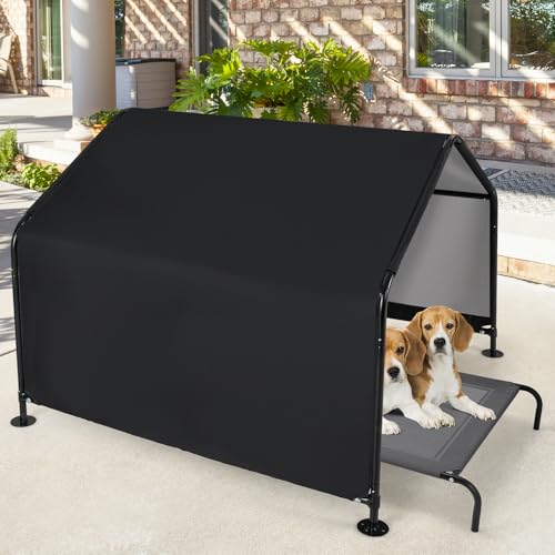 COSTWAY Hundehütte Outdoor, Hundezelt für große, mittlere & kleine Hunde, Haustierzelt wasserabweisend, mit Regenvordach & Bodenpfählen, Metallrahmen, 129 x 124 x 108 cm, Schwarz