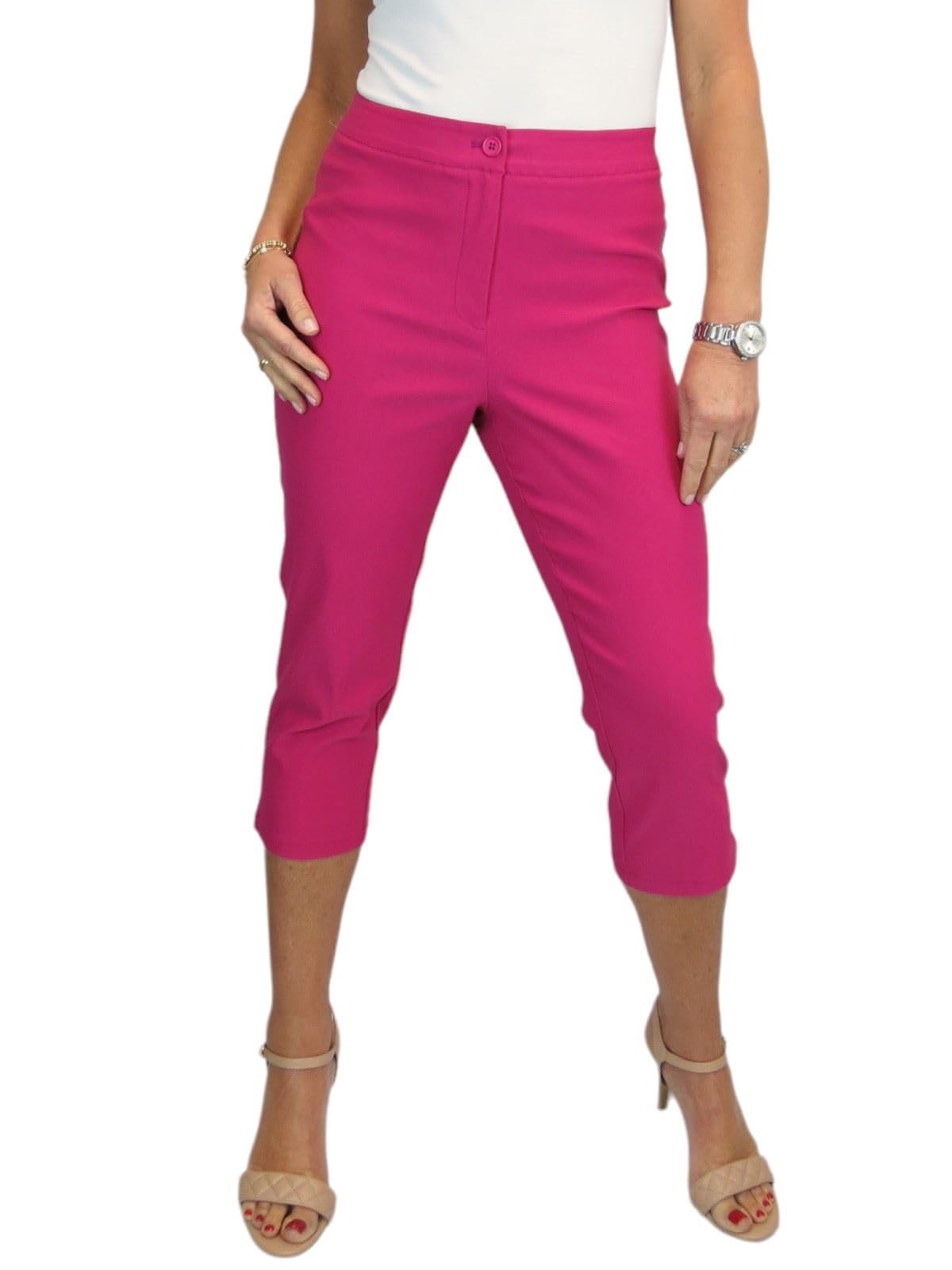 Paulo Due Women's Capri Trousers UK Ladies High Waist Everyday Stretch Cropped 3/4 Length Summer Pants Fuchsia Pink 8-20 (18)