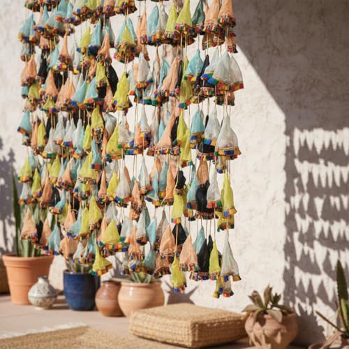Image of iHandikart Pack of 10 Multicolor Gota Net Hangings with Vibrant Lace (4 Feet) - Traditional Indian Decoration Latkans for Haldi, Mehandi, Wedding Backdrop, & Festive Event Decor
