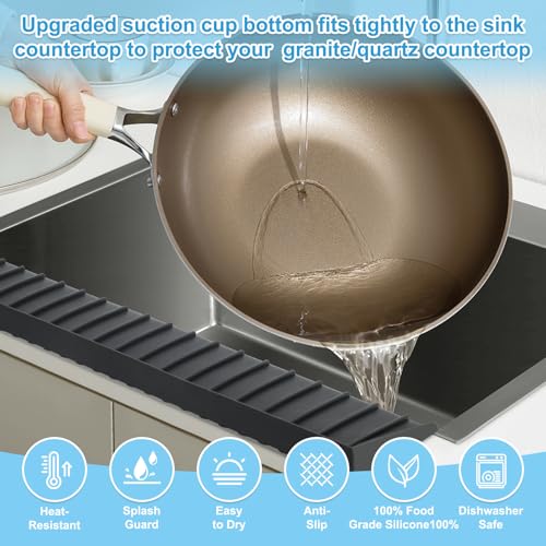 Image of Silicone Faucet Splash Guard 4 inch x 30 inch, Faucet Water Catcher Mat, Longer Silicone Sink Mat for Kitchen, Bathroom, Laundry Room, Farmhouse for Quartz Kitchen Sink(Black)