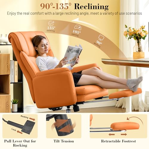 Image of Big and Tall Office Chair, 400LBS Wide Leather Gaming Chair with Footrest, High Back Executive Chair, Reversible Armrest for Pets, 135 Reclining Cross Legged Desk Chair with Lumbar Support(Brown)
