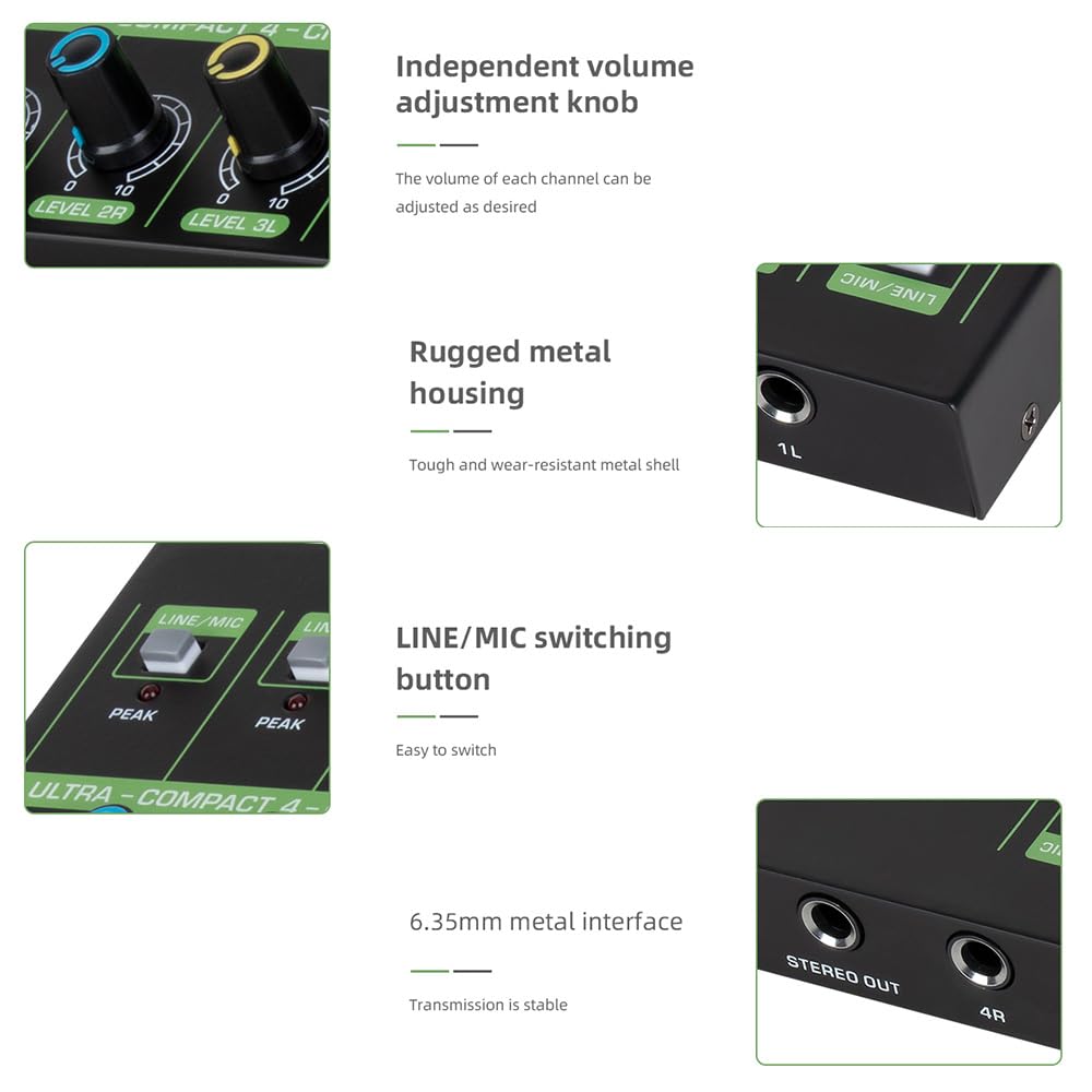 Audio-Mischpult, 4-K-Mikrofon, Stereo-Mischer mit geringem Rauschen, LINE/MIC-Modusschaltung, Typ-C-Netzteil für Mikrofone mit