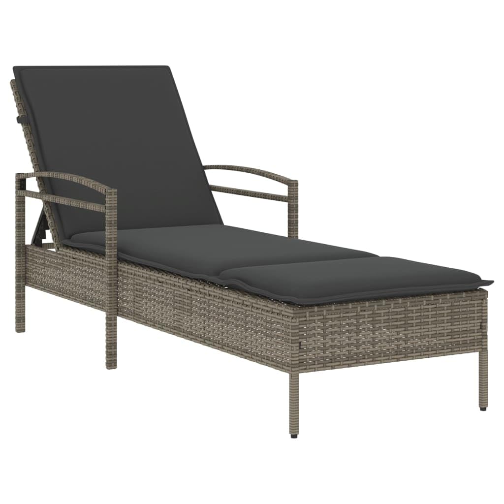 Polirattan Leżak ogrodowy z poduszką szary 63x200x81 cm regulowane oparcie 3 poziomów składany tarasowy z podłokietnikami PE rattan stal malowana proszkowo leżak zewnętrzny wygodny balkonu na basen