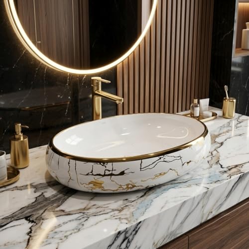Image of Luxurious Golden Table Top for Bathroom /Ceramic Bathroom Wash Basin /Countertop Wash Basin /Vessel Sink.