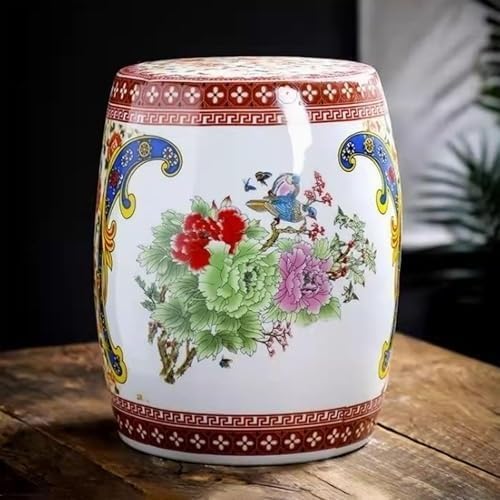 ELEFOCUS Decorative Garden Stool, Hand-Painted Pastel Peony in Antique Style Balcony Drum Stools, Shoe Changing Bench