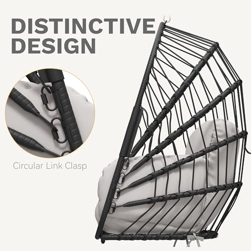 DWVO Wicker Swing Egg Chair 300lbs Capacity - Foldable Hanging Hammock with Cushions & Stand, Indoor/Outdoor Patio Swing Chair for Bedroom, Garden, Balcony (Grey)