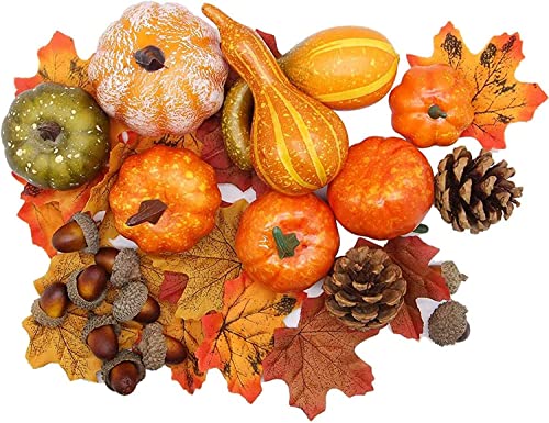 DSLIHA Juego de 50 calabazas artificiales de otoño, decoración de Halloween, mini calabazas, hojas de arce falsas, bellotas, calabazas para otoño, fiesta de Acción de Gracias, decoración del hogar,