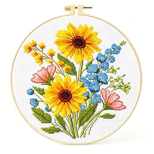 Image of Zhenqing Sunflower Bouquet Cross Stitch Kit for Beginners - Complete Set with Pre-Printed 11CT 24x24cm Fabric, Hoop & Threads(65637)