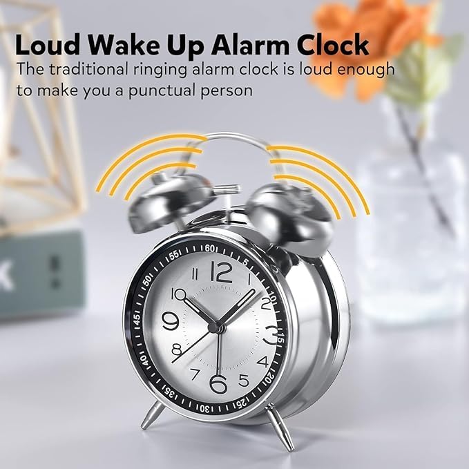 Anadi Loud Alarm Clock for Heavy Sleepers – 4-Inch Metal Twin Bell Table Clock with Backlight, Loud Ringing Alarm for Adults, Students, Bedroom & Office Decoration 2