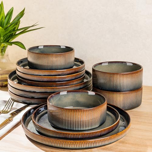Image of TheTerra Ceramic Dinnerware Sets for 4, 12 Pieces Porcelain Lightweight Plates and Bowls Sets, Scratch Resistant Dish Set, Oven & Microwave & Dishwasher Safe, Coca Mocha