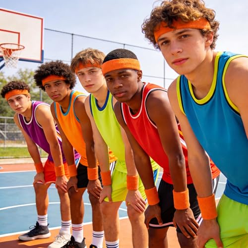 Image of Bememo 36 Pcs Neon Sweatbands Set Soccer Party Favors Cotton Headbands Wristband Sweat Bands Soccer Mom Essentials for Football Fans Sporting Events 80 90s Glow Party