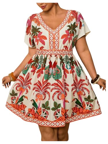 Image of Floerns Women's Plus Size Summer Vacation Wrap V Neck Short Sleeve Ruffle Hem A Line Hawaiian Short Dress
