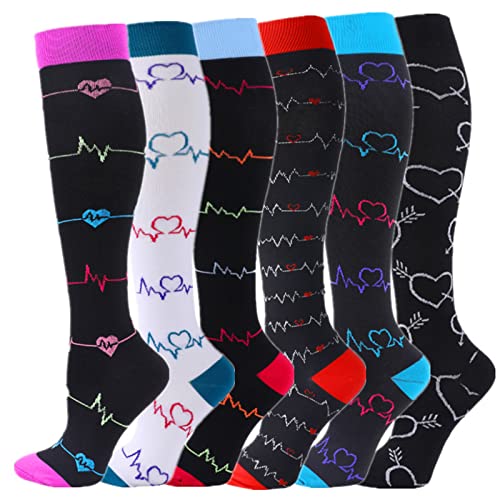 Zingso Compression Socks for Women Men, 6 Pairs Medical Compression Stockings 20-25 mmHg Colorful Support Socks for Athletic, Varicose Veins, Running, Cycling, Nursing, Pregnancy (L/XL, Mix Colour-3)