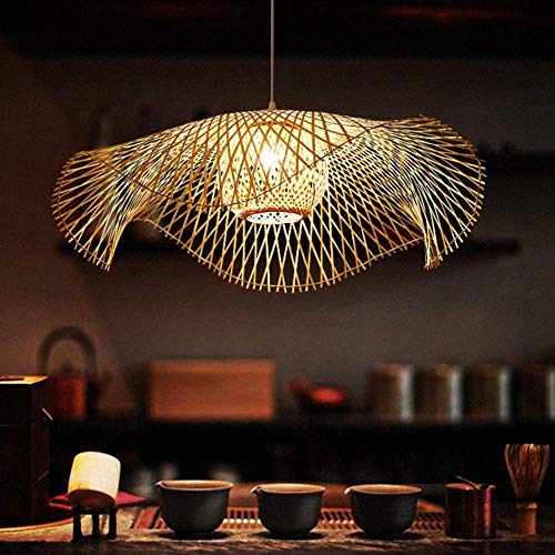 COCOL Vintage Bamboo Woven Hanging Lamp Natural Country Lighting Pendant Hand-Woven E27 Height Adjustable Villa Bedroom Living Room Decoration Chandelier, 65cm