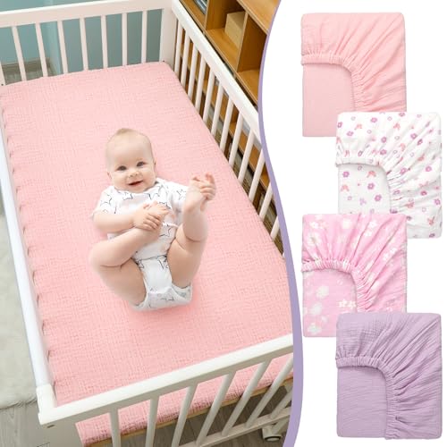 Image of Mindsoft 4 Pack Muslin Baby Crib Sheets Soft Breathable, Purple Butterfly