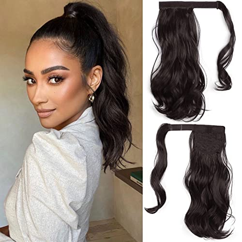 SHNMIN 14 Inch Curly Ponytail Extension for Women Dark Brown Wrap Around Clip in Pony Tail Hair Extensions Synthetic Natural Wavy Ponytails Heat Resistant Fiber for Daily Use