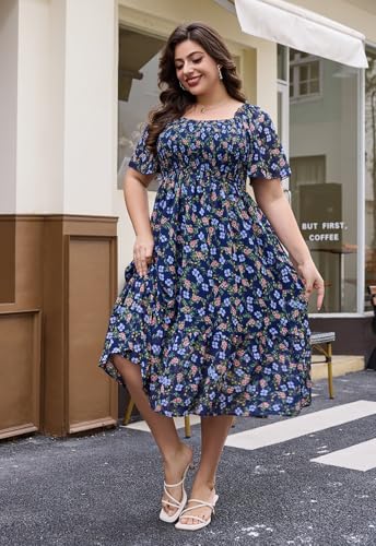 Image of Keluummi Plus Size Wedding Guest Maxi Dresses for Curvy Women, Summer Casual Boho Floral Smocked Empire Waist A Line Sundress