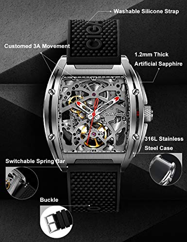 Cigadesign Skeleton Watch Automatic Mechanical Stainless Steel Replica Tonneau Case Casual Wristwatch Waterproof Sapphire Crystal Silicone Strap For Men Unisex Si Black #TOP4