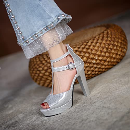 Lehoor Women Glitter Platform Sandals Silver High Chunky Block Heel Ankle T-Strap Dress Shoes Open Peep Toe Cutout Heeled Evening Sandal Pumps Stiletto Heels Metallic Dance Shoe Ball Prom Silver 7 #TOP4