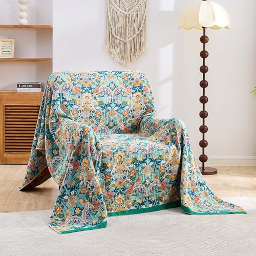 Image of XIBLC Boho Blanket Throw Quilt, 100% Cotton Soft Light Weight Throw Blankets for Summer, 60 inchx80 inch Farmhouse Flower Decorative Blankets, All Season Rustic Reversible Bohemian Throw Quilt