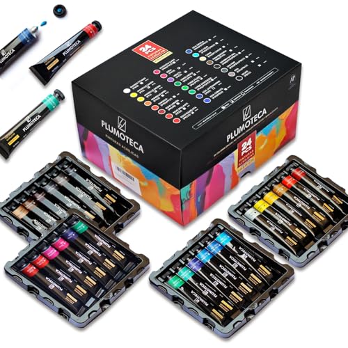 PLUMOTECA Pintura Acrilica Profesionales Set de 24x22ml Arte Con Pinceles Pintar...
