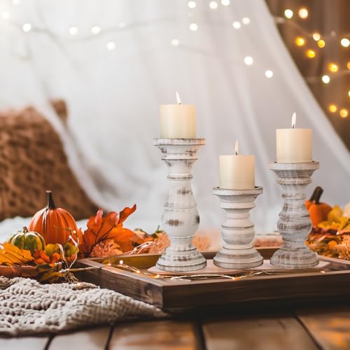 Candle Holder for Pillar Candle Set of 3, Farmhouse Wood Candle Holder, Rustic Wooden Candle Stand, Decorative Wood Candlestick Holders for Living Room, Table Centerpiece (Antique White) - Image 6