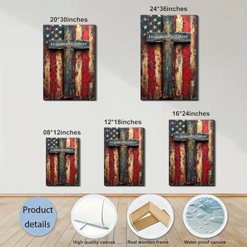 Image of Framed Vintage Cross American Flag Wall Art, Patriotic Rustic Canvas Art Pictures, USA Flag Wall Decor, Made in USA Ready to Hang for Living Room Garage