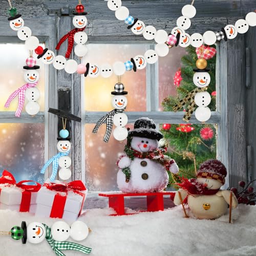 Image of 307 Pieces Christmas Snowman Wooden Beads Craft Project Natural Polished Wood Bead with Twine, Winter Christmas Tree Hanging Ornaments, Rustic DIY Garland Decoration for Home