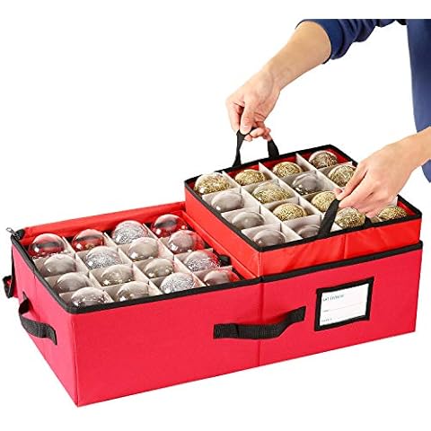 Underbed Christmas Ornament Storage Box Zippered Closure - Stores up to 64 of The 3-inch Standard Christmas Ornaments, and Xmas Holiday Accessories Storage Container with Dividers & Two Handles Cover