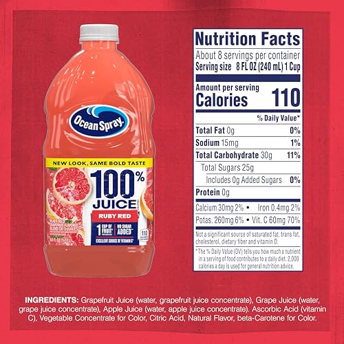 Image of Ocean Spray 100% Juice, Ruby Red Grapefruit Blend, 60 Ounce Bottle (Pack of 8)