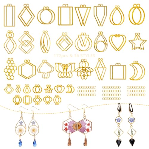 LETS RESIN 172 pcs Open Bezels for Resin 2 Size 36 Styles of Gold Hollow Frame Pendants Bezels with 100pcs Jump Rings Unique Resin Bezels for Jewelry Making Necklaces Earrings Making Supplies
