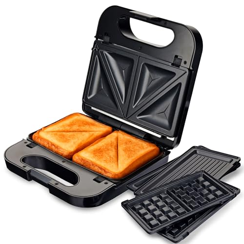 Grunkel - Sandwichera con placas intercambiables (2 sandwiches con corte, grill y 2 gofres)....