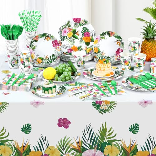 Image of Funnymoom 452 Pcs Hawaiian Luau Party Decoration for 50, Tropical Aloha Paper Plate Napkin Cup Tablecloth Cutlery Palm Leaf Hibiscus Disposable Tableware for Summer Beach Floral Birthday Party Supply