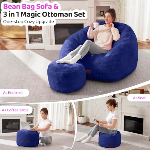 Image of HABUTWAY Bean Bag Chair, Giant Bean Bag Chairs for Adults with Ottoman, Comfy Faux Fur Shell-Shaped Bean Bag Couch, Sofa Chair for Living Room, Bedroom, Navy Blue