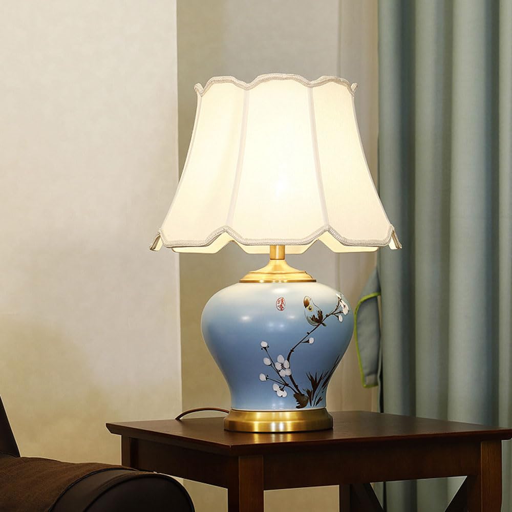 asdchZen Ceramic Table Lamp Traditional Bedside Desk Nightstand Lamp For Bedroom Living Room Office College Bookcase, Blue/White-39 * 58Cm,35 * 52cm