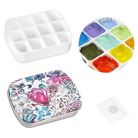 Hennaja Mini Empty Portable Watercolor Tin Palette Paint Case with 12-Well Premium Plastic Mixing Tray,Small Paint Storage Travel Watercolor Artist Paints Palette Kits(2-Purple Flower) Cover