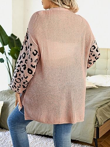 SHENHE Women's Plus Size Leopard Open Front Drop Shoulder Split Hem Cardigan2