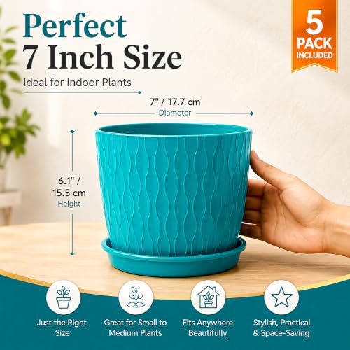 Image of SWAPKART (Pack of 5 6 Inch Plastic Flower Pots for Indoor & Outdoor Terrace,Garden Plants Decorative Planters with Drainage Holes & Matching Saucers Durable & Lightweight (Peacock)