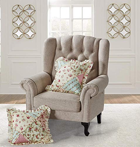 Brilliant Sunshine Pink and Green Rose Patchwork Ruffle Pillowshams, Quilted Decorative Pillow Covers Set, Square Throw Cushion Cases for Couch, Recliner, Armchair, Bed, 18x18, Pack of 2, Pink Green