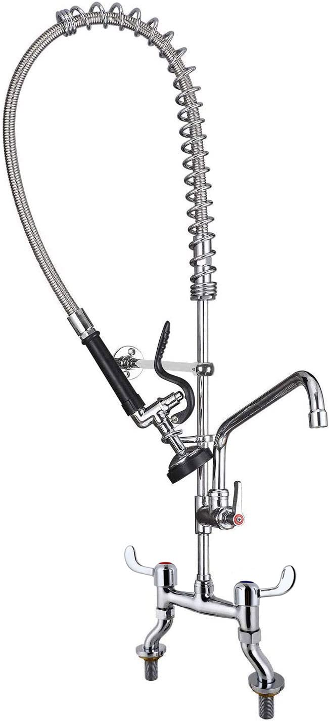 Commercial Pre-Rinse Spray Tap POUGEO Twin Lever Bridge Deck Mounted Sink Mixer Faucet with 12" Add-on Spout Brass Constructed Polished Chrome (4-8inch Adjustable Center)