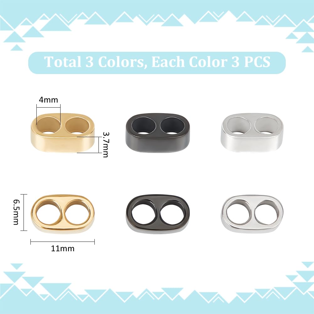 UNICRAFTALE About 9Pcs 3 Colors Stainless Steel Slide Beads Charm Two Large Hole Spacer Loose Beads Multi-Strand Links Oval Connector Spacer Bead for Cord Jewelry Making - Image 3