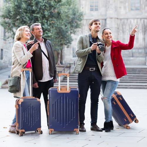 Karl home Luggage Set 3 Piece Suitcase Sets with TSA Lock Moulded Corner 4 Spinner Wheels, ABS Hardside Trolley Travel Case for Carry On Check-in Business Trip, Navy Blue & Brown (20/24/28)2